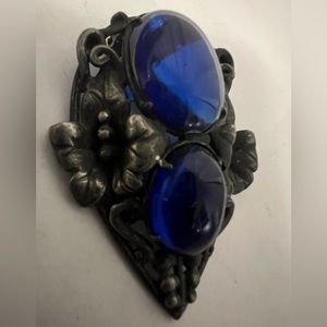 Antique Vintage Royal Electric Blue Rhinestone / Gem Ornate Floral Dress Clip